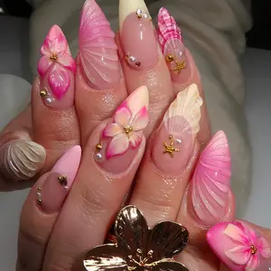 24 Almond Shape Nail Tips, Soft Nude with 3D Shell & Flower Design, & Pearl Decor, Glossy Reusable False Nails, Nail Art Accessories