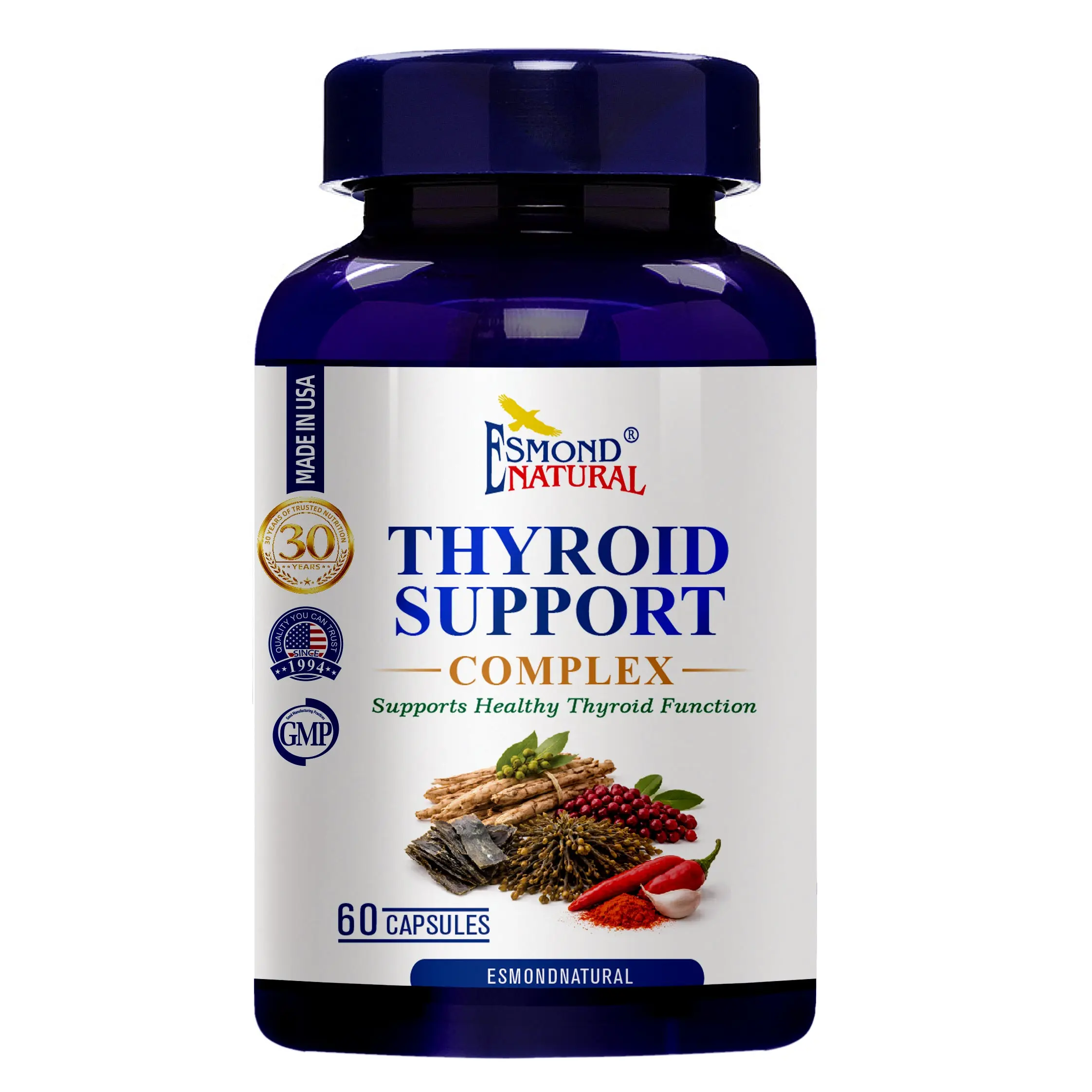 Thyroid Support Complex Iodine Selenium Zinc & Herbal Blend with L-Tyrosine and Ashwagandha  Supports Healthy Thyroid Function & Metabolism USA FDA GMP NPAC-60 Capsules