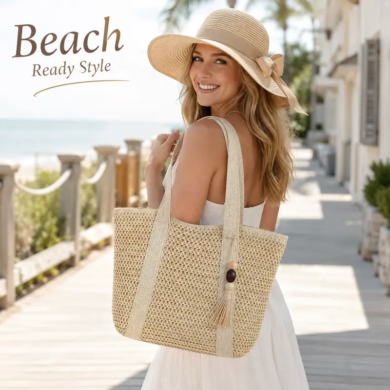 Women’s 2-Piece Handwoven Straw/Bamboo Tote Bag & Foldable Sun Hat Set (Free Hat with Bag) - Fashionable, Chic, High-Capacity, Boho Bow, Straw Handles w/Shoulder Straps, Tassel, Zip Closure, Hangable, Beach-Themed Tote, Ideal for Beach Day, Casual Commute
