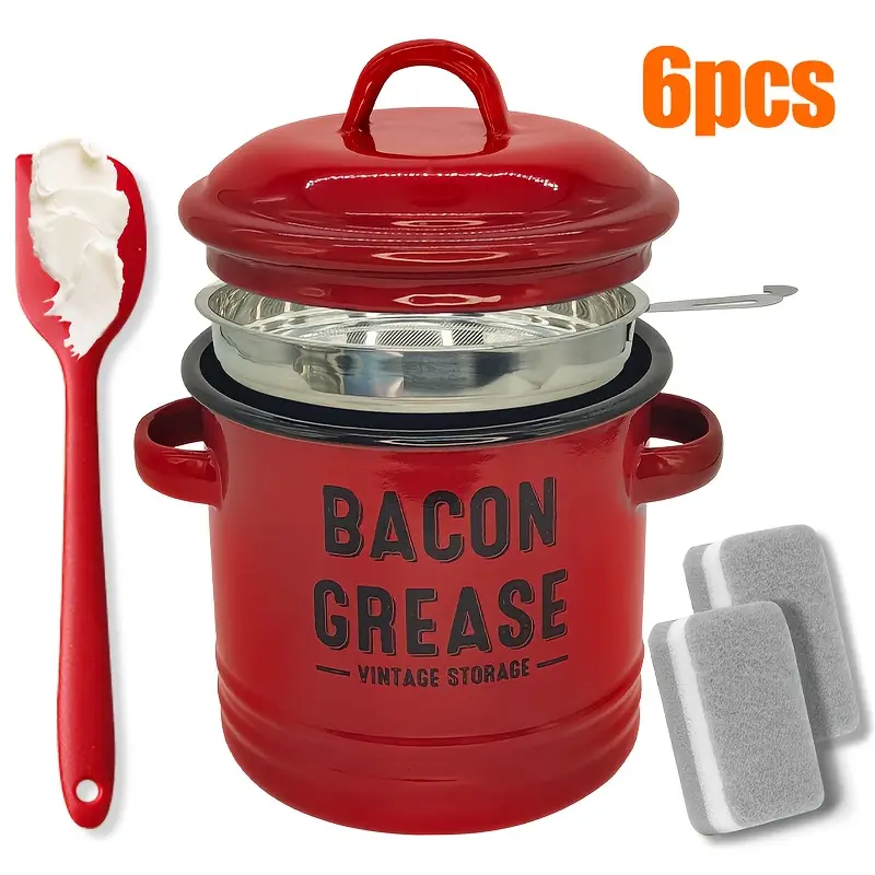 Bacon Grease Container with Strainer & Food-Grade Silicone Spatula, 46oz Large Enamel Rustic Farmhouse Fat Container, Keeper, Dishwasher Safe,Dishwash
