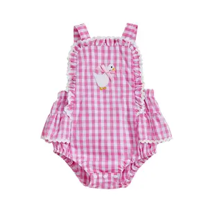 Infant Baby Girl Silly Goose Gingham Romper Overalls Outfit Ruffles Trim Sleeveless Onesie Bodysuit Newborn Farm Summer Clothes