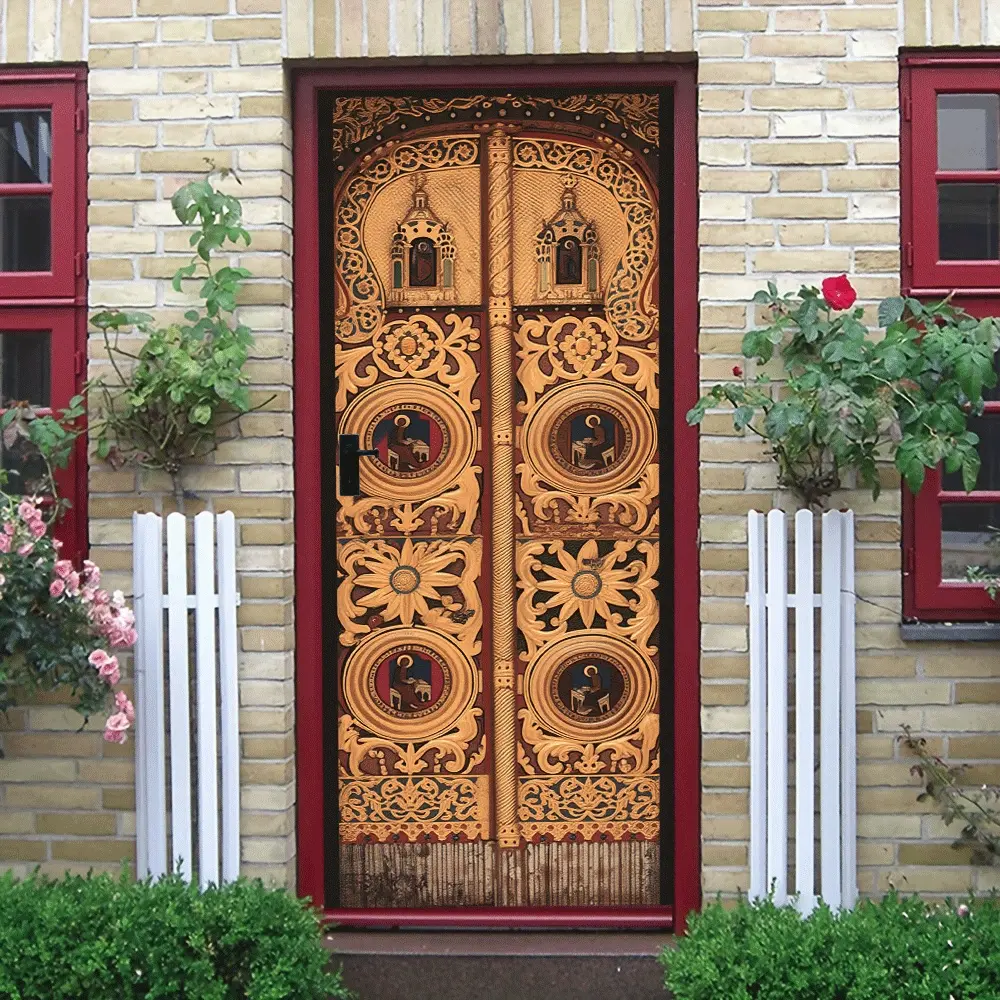 2pcs European Retro Relief Decorative Door Wall Sticker Stereo Imitation Wood Carving Art Sticker Self Adhesive Wallpaper for Living Room Entrance Background Wall Golden Pattern Religious Figure Design