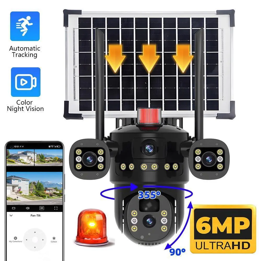 【Summerfinds】6MP Solar Powered Dual-Lens Security Camera, Outdoor PTZ WiFi Cam with Triple View, 355° Pan/90° Tilt, Color Night Vision & Human Detection,for Valentine’s Day Gift