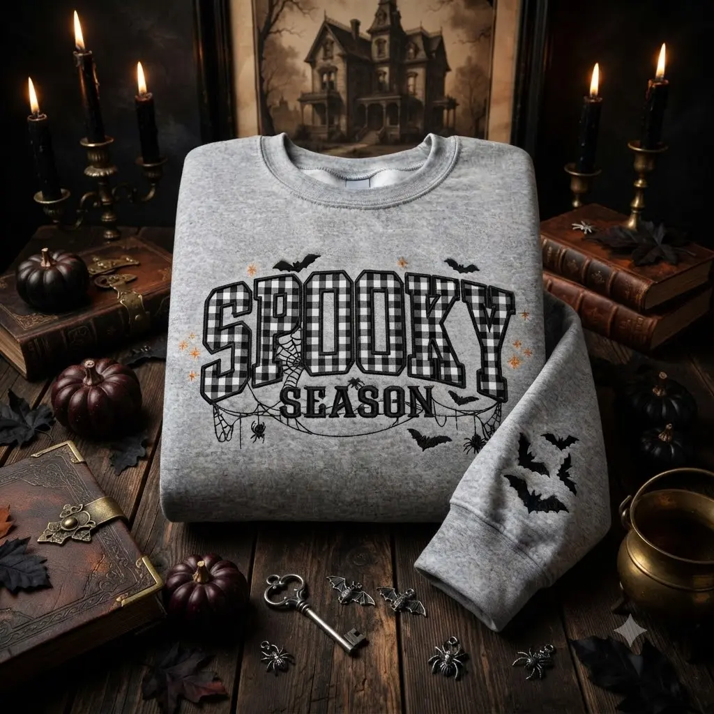 Spooky Season Gingham Applique Embroidered Sweatshirt.