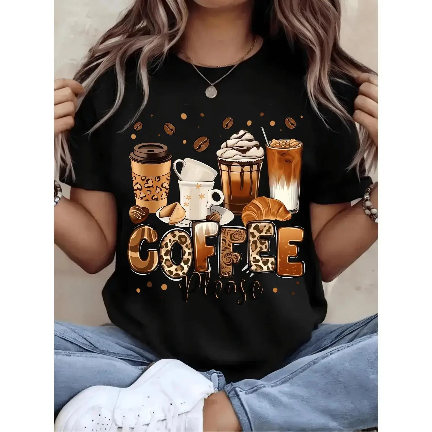 Casual Oversized Coffee Lover Graphic Tee Featuring Coffee Cup Beans and Bold Print Perfect for All Seasons