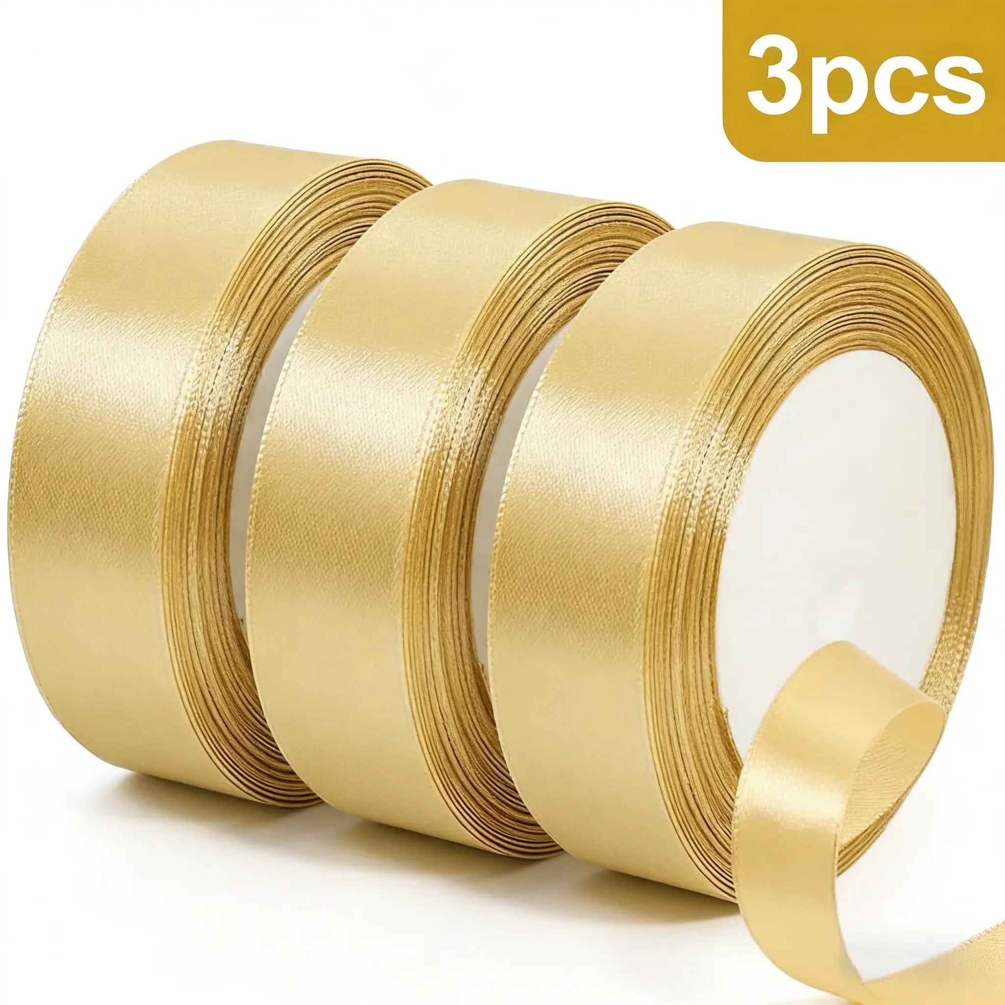 3-Pack Gold Mint Satin Ribbon, 1in x 25yd Shiny Metallic Soft Flexible Rolls for & Wrapping Satin Ribbon Gifts, DIY Crafts, Bridal Shower, Valentine's Day Office Stationery