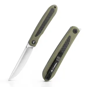 #fathersdaygift FLISSA Folding Pocket Knife, EDC Knife with D2 Blade,Carbon Fiber-G10 Handle, Deep Carry Pocket Clip and Thumb Stud, Innovative Front Flipper Quick Open Way for Camping Hiking Outdoor
