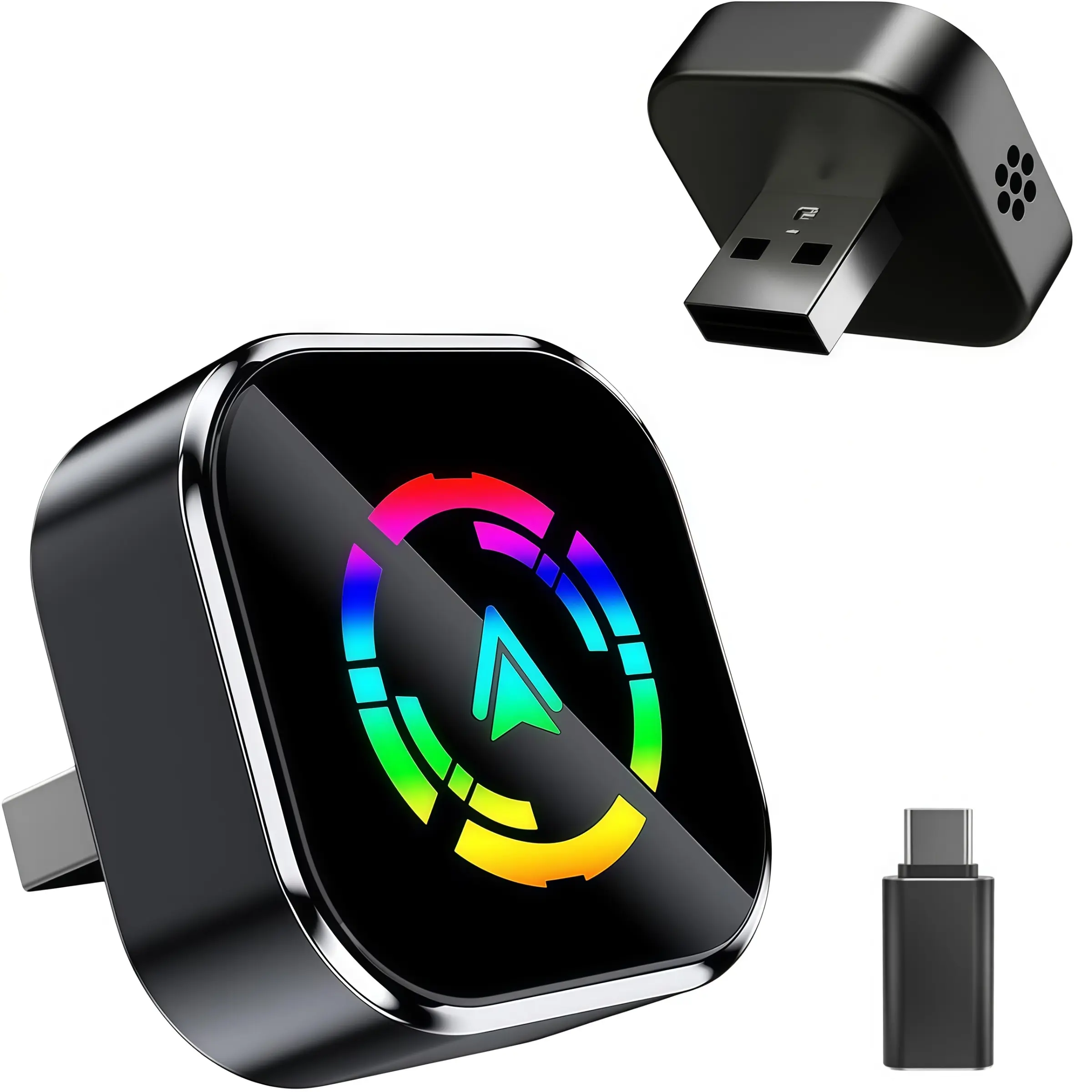 Wireless CarPlay adapter, Wirefree CarPlay Adapter compatible with iPhone and Android, featuring fast connection, hands-free calling, a mini USB car design, and plug-and-play functionality