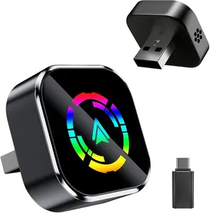 Wireless CarPlay adapter compatible with iPhone and Android, featuring fast connection without delay, hands-free calling, a mini USB car design, and plug-and-play functionality for Apple CarPlay Universal Car Adapter