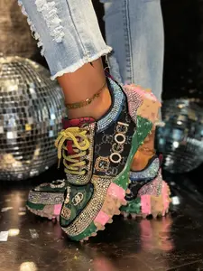 Full Diamond Colorblock Durian Bottom Casual Dad Shoes, Thick Sole Height Increasing Slimming Water Drill Women's Shoes, Stylish and Comfortable