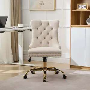 Velvet Seat Upholstered Office Chair - Beige, Armless, Adjustable Swivel with Wheels & Gold Base, Tufted Back, Ideal for Home Office, Makeup Vanity (for Women)