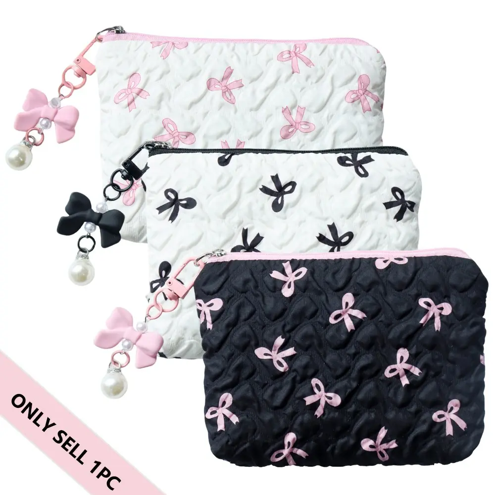 Travel Makeup Bag, Coin Purse, Portable Zipper Pouch, Cosmetics Bag, Cosmetic Pouch with Cute Bowknot Keychain Clip, Essential Travel Accessories, Travel Essentials, Travel Cosmetic Bags