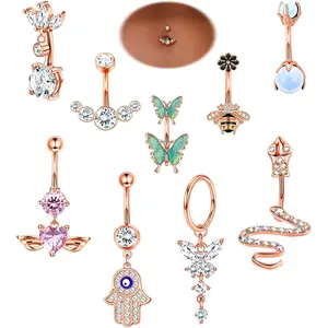 Sanfenly 9Pcs 14G Surgical Stainless Steel Rhinestone Belly Button Rings - Rose Gold, Multi-Style (Butterfly, Snake, Evil Eye, Heart) for Women's Navel Piercing Costume Jewelry, Rhinestones