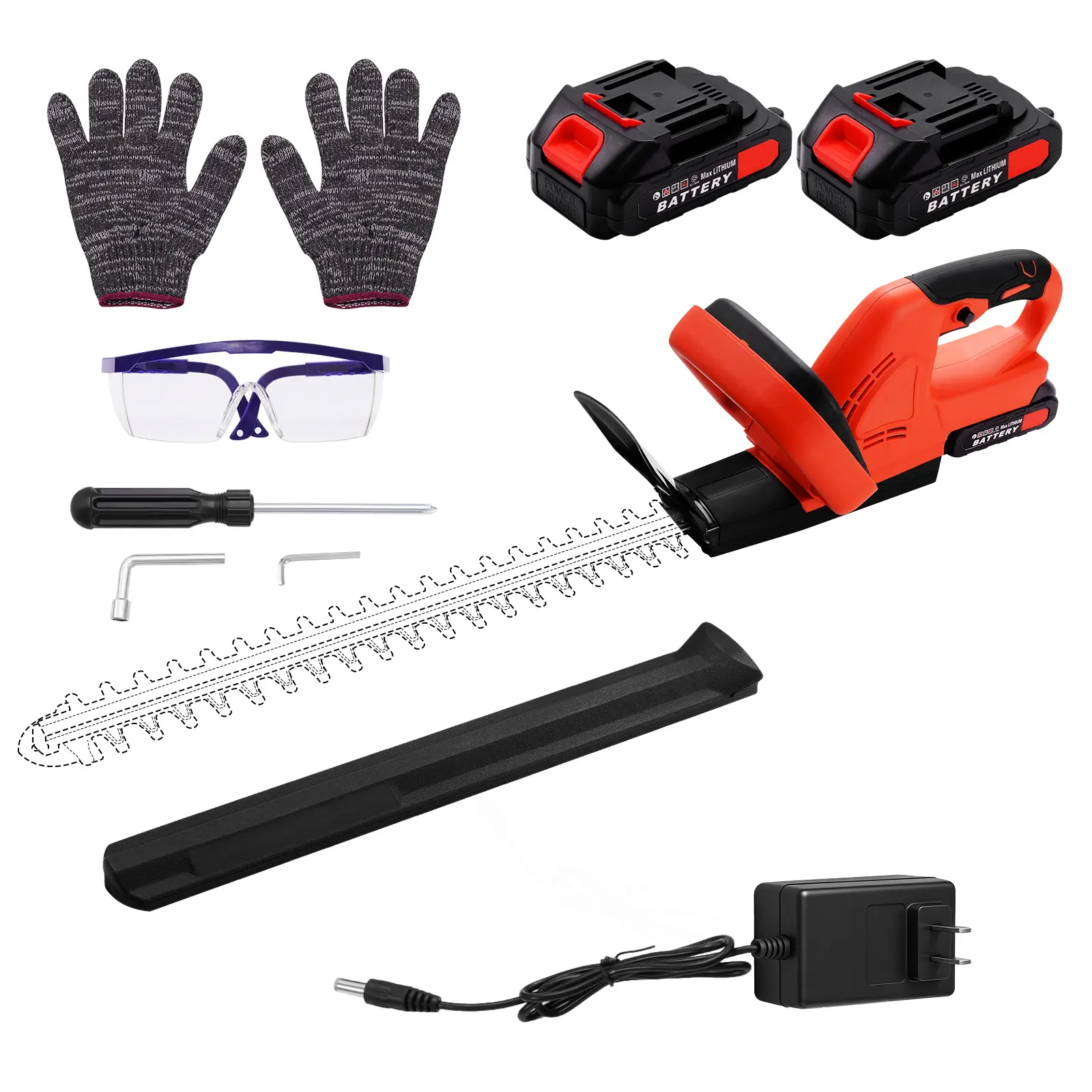 500W Hedge Trimmer Full Kit, 1500mAh Dual Batteries, 86cm Total Length, Rotating Grip, Anti-Vibe, 8 Accessories, 2.2kg, Hand Guard, Pruning Shears for Lawn & Garden