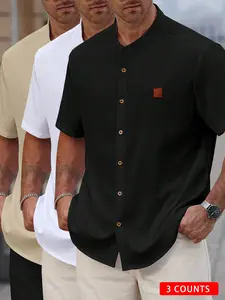 3-Pack Plus Size Men's Stand Collar Short Sleeve Casual Shirts, Summer Loose Texture Button-Up Tops, Daily Comfortable Wear, Casual Collared, Casual Summer Style