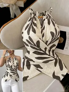 Women's Halter Leaf Print Corset Top, Beaded Neck Wrap Waist Peplum Blouse, Elegant Slim Sleeveless Top, Casual Summer Outfit for Beach Party/Date Night