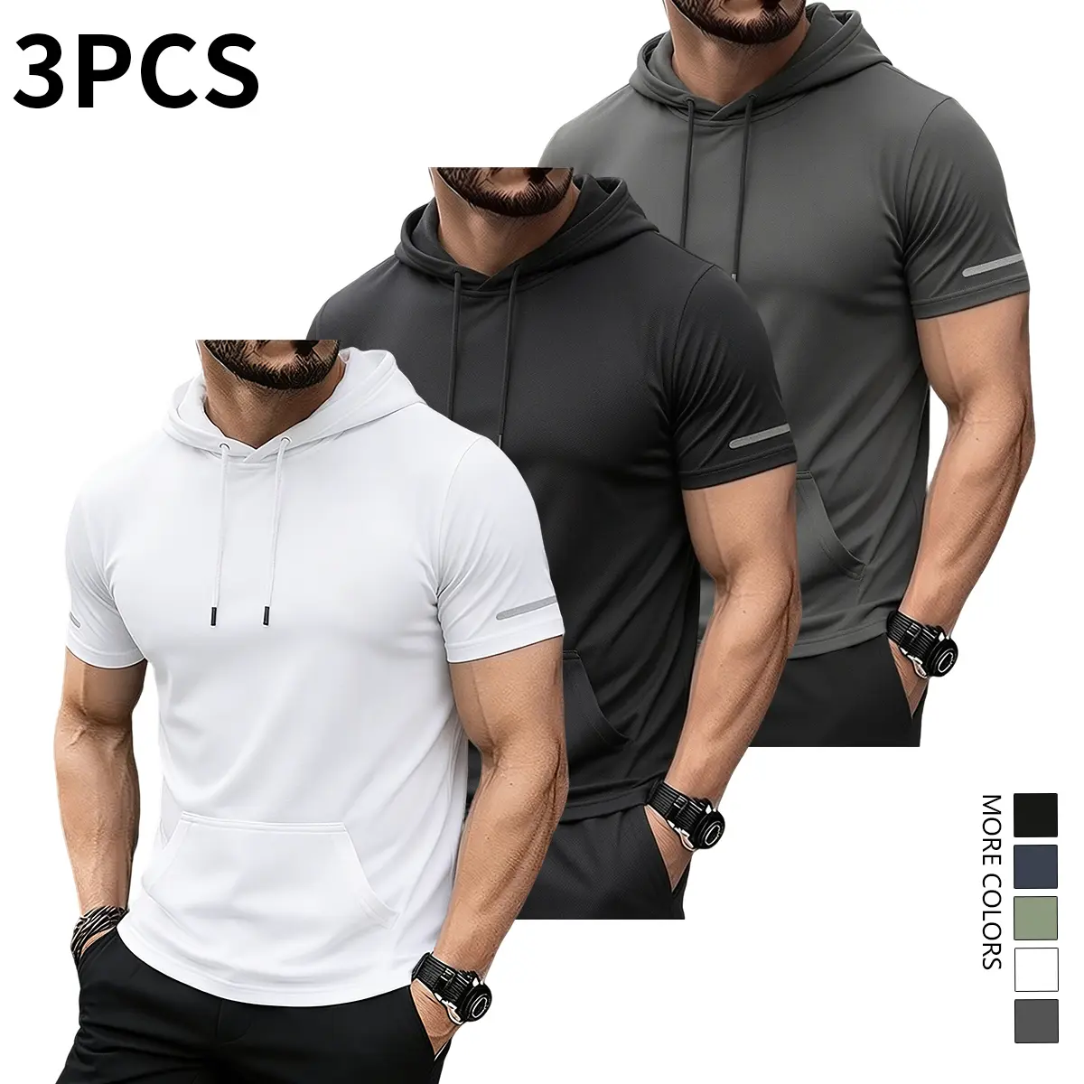3-piece set: men’s hooded sports T-shirt, summer casual wear, workout apparel—an ideal choice for outdoor activities; suitable for gym workouts, running, training, and everyday wear.