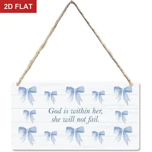 Blue Bow Christian Bible Verse Wooden Sign, Funky Coquette Preppy Aesthetic Decorations for Bedroom Living Room Hanging Sign Wall Decor, Coquette Blue Bow Preppy Girly Home Door Decor, Room Decor Inspirational   11.8x5.9 In