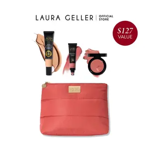 Laura Geller Good Skin SPF Kit (4PC) with SPF 50 Foundation, SPF 30 Shine n Shield Lip Balm, Wonder Balm, & Makeup Bag