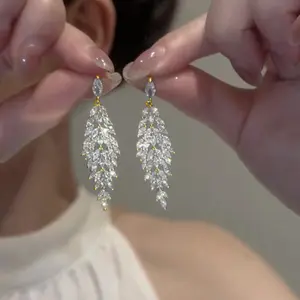 VENOCO Leaf Women Dainty Zirconia Tassels Earrings 14K Gold Plated for Women Banquet Wedding Bride Bridesmaid Bridal Dangle Drop Earrings