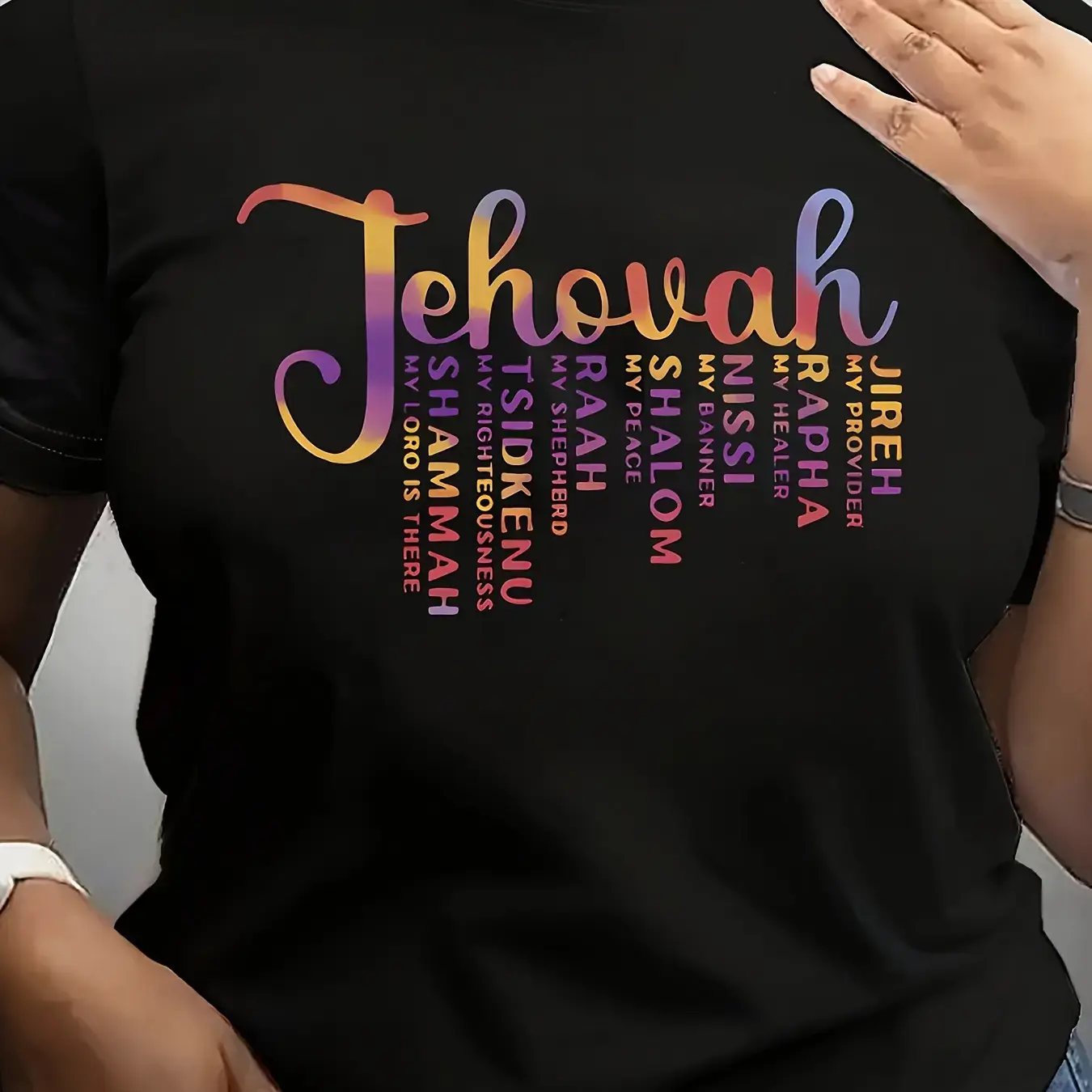 Women's Cotton Printed Christian Faith Bible Verse T-Shirt - Wide Sizes, Multicolor Hebrew Text & English Letters, Yeshua/Jehovah/Immanuel Hebrew Names, Casual Crew Neck Short Sleeve, Machine Washable for Church & Daily Wear, Fit