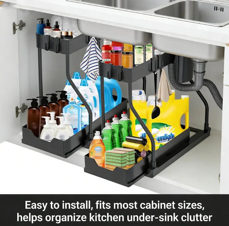 Multi-Purpose 2-Tier Under Sink Organizer with Sliding Pull-Out Basket, Space-Saving Storage Shelf for Kitchen & Bathroom cap door makeup brush holder anniversary wedding gift cosmetic storage basket shoe must have usb rechargeable pump home shelving