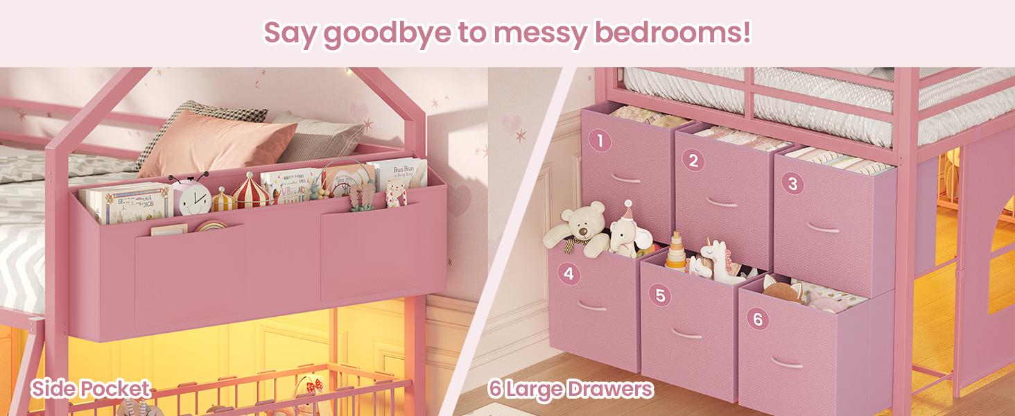 Loft Bed Twin Size with 6 Drawers, LED Lights & Stuffed Animal Storage, Metal House Loft Bed with 13” Safety Guardrail & Inclined Ladder, Twin Low Loft Bed Frame with Play Curtain, Under-Bed Play Space, Pink