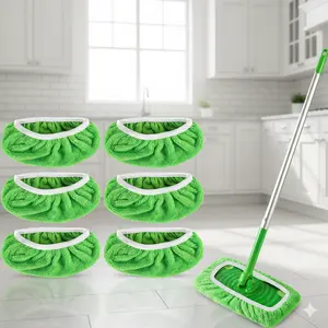 6-Pack Reusable Washable Microfiber Mop Pads Durable High-Elastic Green-White Band Dry Wet Cleaning Close-Fitting Hardwood Floor Cleaner Premium Polyester Cleaning Cloths Home Cleaning Accessories Essential Floor Cleaning Supplies Mop Not Included
