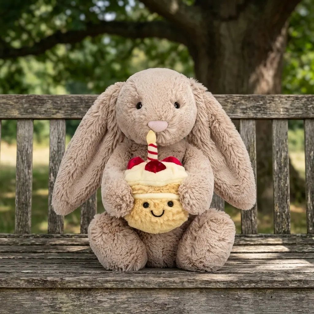 Jellycat Bashful Beige Bunny Plush Holding Birthday Cake – Soft Bunny Stuffed Animal for Birthday Gift & Keepsake
