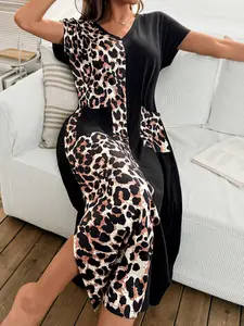 Women's Casual Elegant Fitted Leopard Patchwork V-Neck Split Long Pocket T-Shirt Dress, Home Nightgown Sleepwear, Comfortable Loungewear