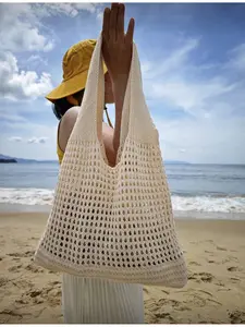 Back to School Women Large Tote Bag Knitted Single Shoulder Bag Retro Hollow Weave Large Capacity Floral Decorated Handbag Crochet Bag Summer Beach Bag
