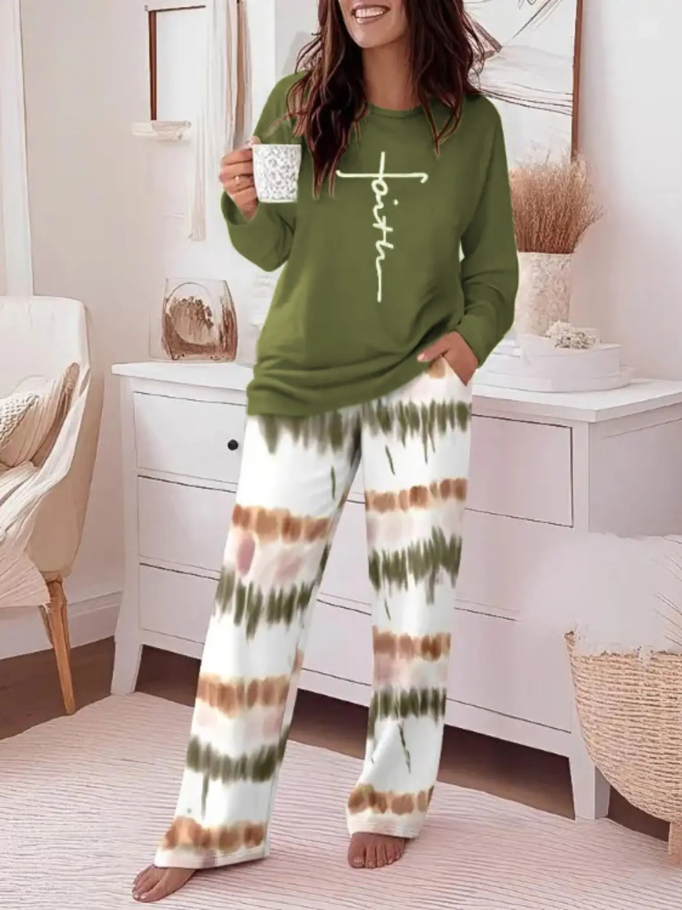 Women's Casual Printed Round Neck Long Sleeve Top & Gradient Print Pants Set, Soft Comfortable Home Wear Loungewear Pjs Pajama Nightwear, All Seasons Fitted Womenswear, matching pajama set