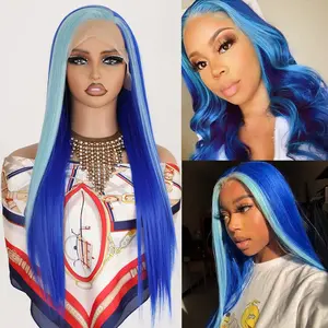 Blue Lace Front Wigs Straight Pre Plucked Hairline Glueless Highlights Synthetic Lace Front Wigs Long Wigs for Women Daily Party Cosplay Use