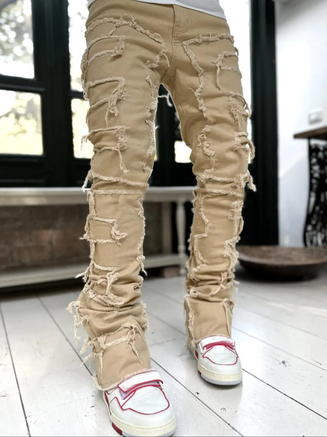 Men's Classic Plain Button Fly Raw Trim Jeans, Streetwear Casual Comfy Stretch Slim-fitting Pocket Pants for Daily Wear, Fashion Men's Bottoms for All Seasons