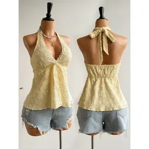 Women’s Summer Fashion Lace-Splice Bow-Tie Halter Top, Comfortable Casual Versatile Fitted Tank Top for Daily Wear and Dates GARMENTARY