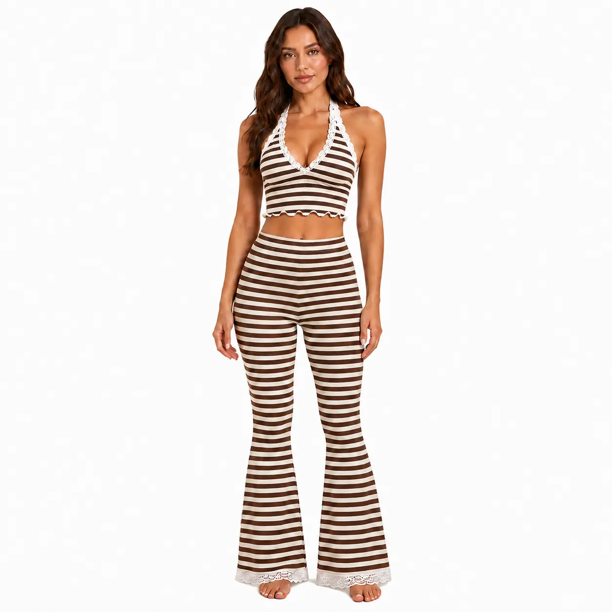Women's 2 Piece Striped Pants Set, Halter Neck Crop Top and High Waist Wide Leg Pants, Brown and White Ribbed Knit Matching Summer Outfit for Vacation Beach, Gift for Her Flared Pants Adjustable