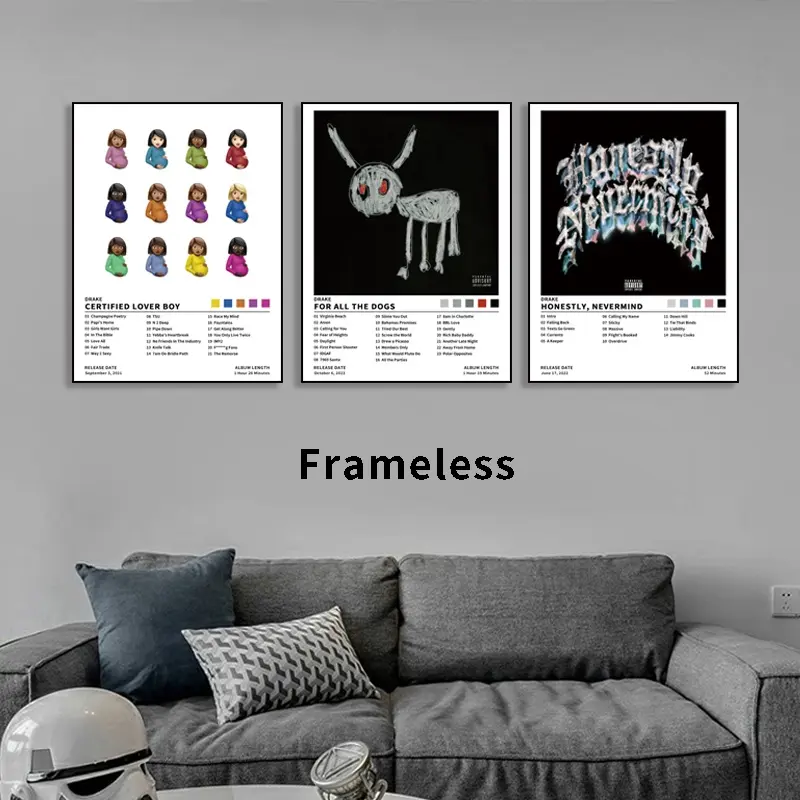 3-piece Drake music album cover set, Graphic Prints, Print Design, Canvas Print, Unframed Wall Art, Decoration Items, featuring album covers from Certified LoverBoy, For All The Dogs, Hip-hop rap style, birthday gift, suitable for living room and bedroom