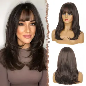 Short Brown Wig With Bangs Wavy Natural Looking Wigs 16Inch Shoulder Length Wig for Women Synthetic Heat Resistant Fiber Hair Wig  Daily Party Use