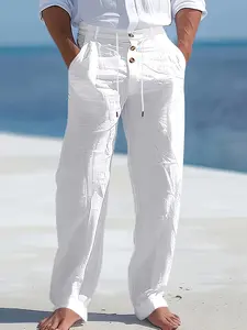 2pcs Men's Linen Solid Color British-Style Business Casual Straight-Leg Trousers with Drawstring Elastic Waistband and Button Design, Suitable for Outdoor Travel, Fitness, Sports, and Daily Wear, Casual Outdoor Pants, Linen Trousers