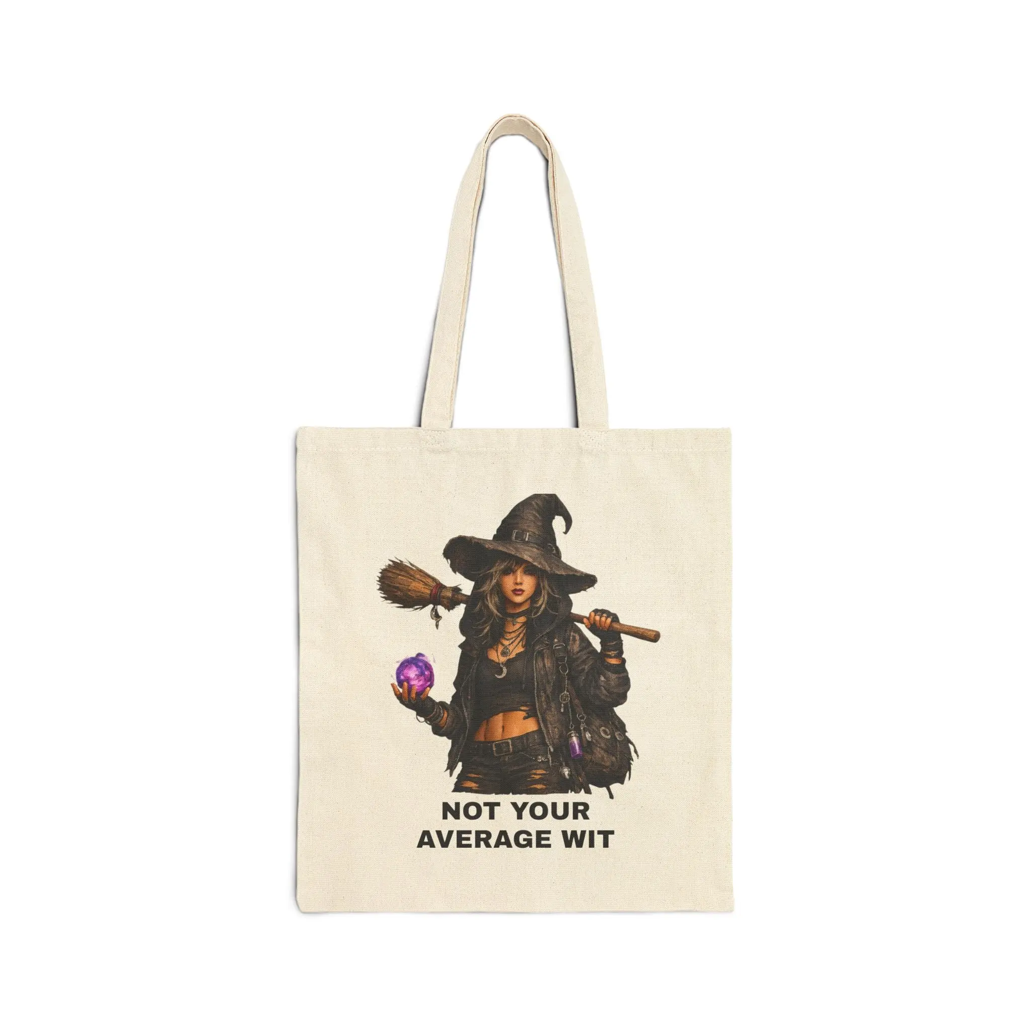 Tote Bag — "Not Your Average Wit" Witch Illustration Cotton Canvas Tote