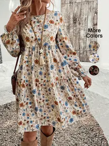 Women's Floral Print Tie Neck Flounce Ruffled Sleeve Woven Dress, Elegant Fashion Casual Dress for Daily Outdoor Wear, Women Dress for Spring Fall