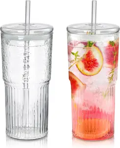 20oz Glass Tumbler with Straw and Lid for Iced Tea Coffee Smoothie Water Juice Beverages Soda,Clear Borosilicate Glasses Cups,Ribbed Drinking Jar,Set of 2,Dishwasher Safe,Drinkware