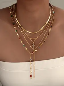 Women's Fashion Cross Rhinestone Y-Shaped Layered Necklace Set, 5-Piece Dainty Layering Jewelry Collection for Daily Wear & Party Gifts