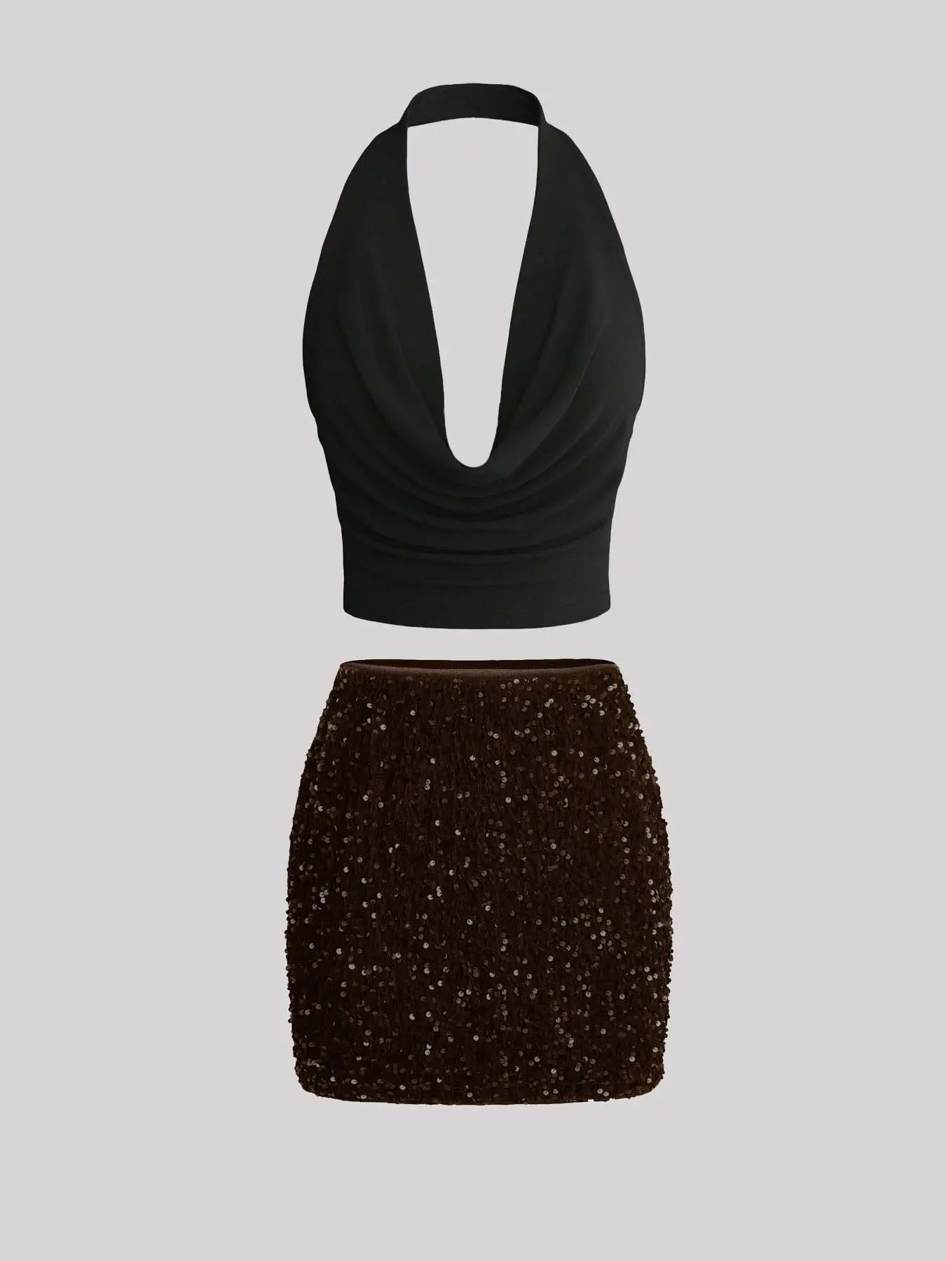 Women's Ruffled Neck Halter Shiny Sequin Bodycon Skirt Set, Elegant, Temperamental & Sexy Style, Perfect for Christmas, Music Festivals, Valentine's Day, Parties, Gatherings, Cocktail Parties, Dance Performances & Other Occasions.