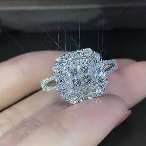 Luxury Double Halo Cubic Zirconia Engagement Ring - Quad Set Center Stone Split Shank Pavé Band - Affordable Stunning Wedding & Anniversary Gift for Women