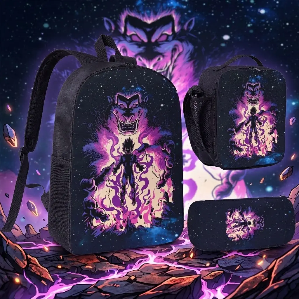 Goku 17-Inch Anime Galaxy Graphic 3-Piece Kids' Backpack Set - Lightweight Casual Student Bag with Lunch Bag & Pencil Case