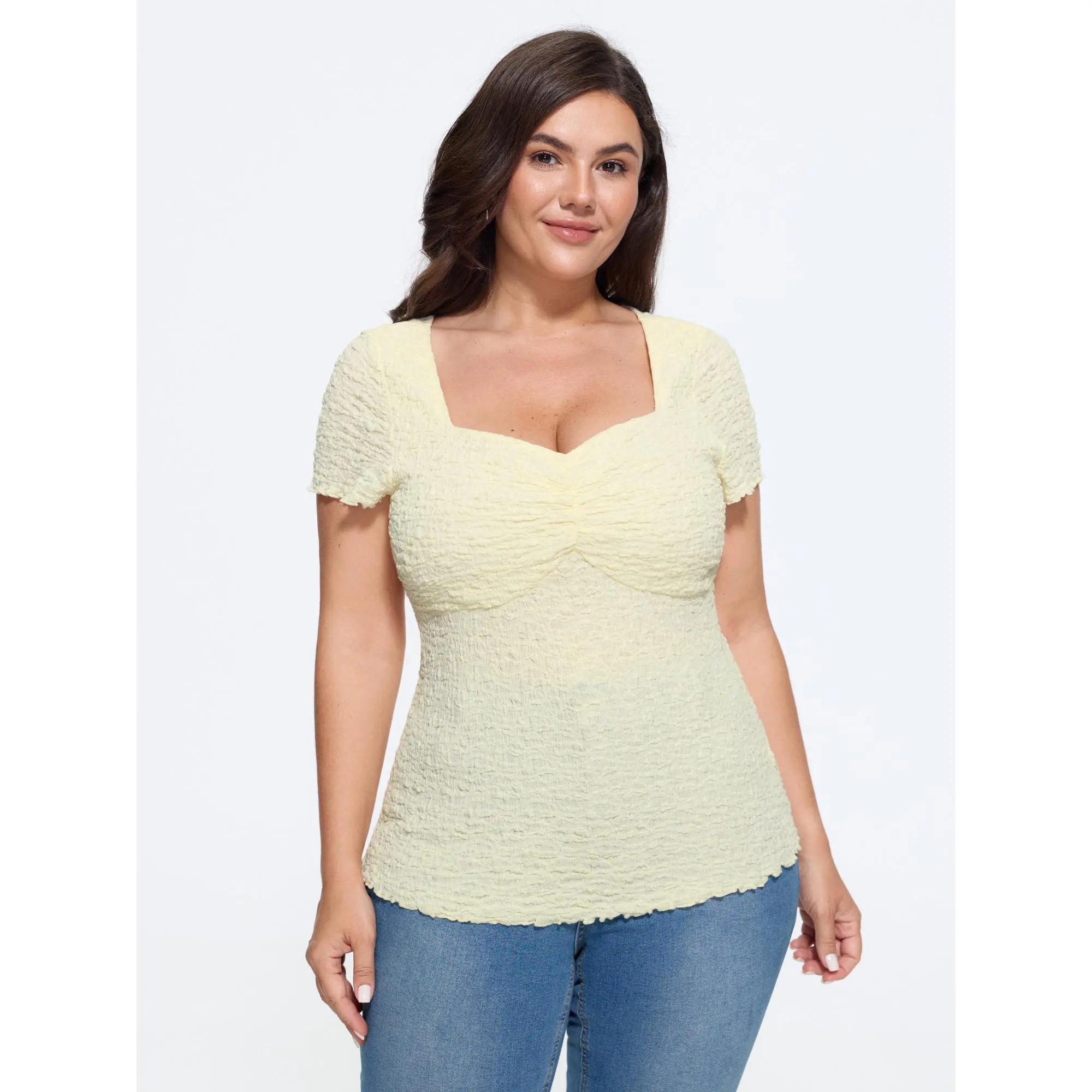 BloomChic Plus Size Cable Knit Shirt, a Stretchy Solid Blouse with a Square Neck, Ruched Front, and Cropped Short Sleeves, Shirts, Spandex, Garment, Women, Cropped Sleeves