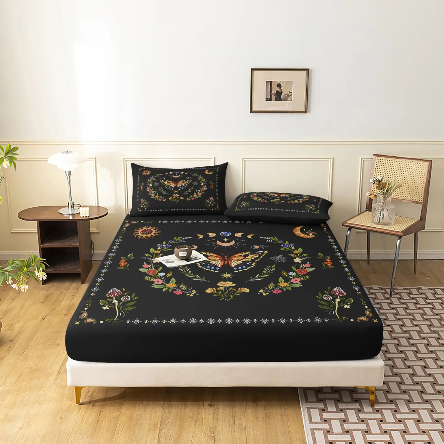 Boho Butterfly Moon Phase Fitted Sheet Set, 3Pcs Witchy Floral Bed Sheets with Pillowcases, Aesthetic Cottagecore Bedding for Bedroom, Decorative Bedsheet Sets