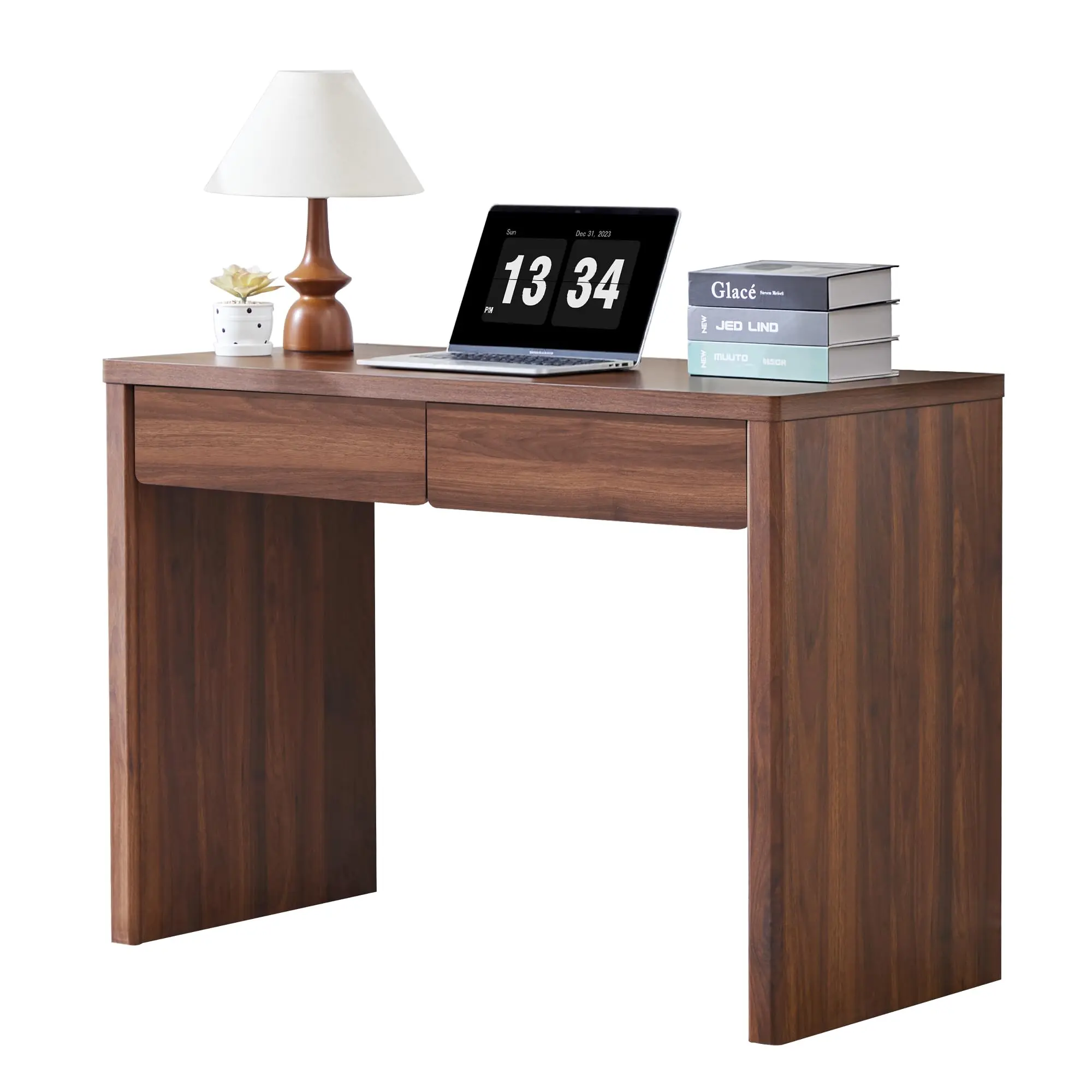 Giratree 43" Small Computer Desk with 2 Drawers, Mid Century Modern Writing Study Table for Home Office, Vintage PC Work Desk with Storage for Bedroom Small Spaces, Easy Assembly