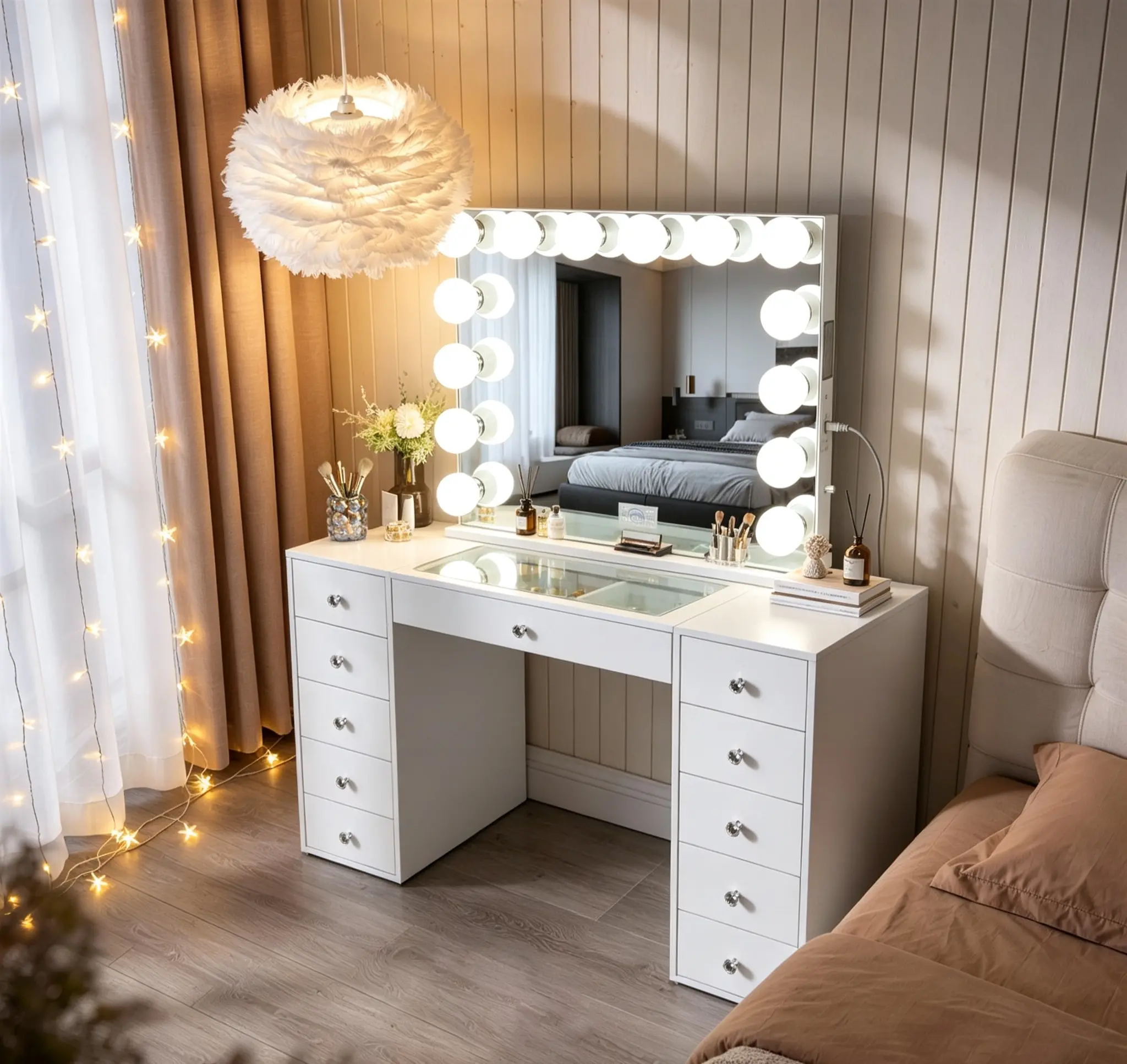 VANITII Large Minimalist Makeup Vanity Desk with 32×26in LED Hollywood Mirror, 11-Drawer Storage for Vanity & Makeup Organization, Modern Bedroom Dressing Table for Women